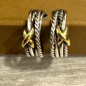 David Yurman Sterling Silver 14k Triple Cable Cross-over Pierced Earrings